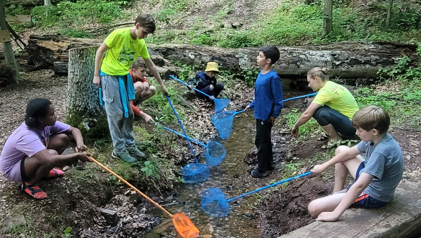 students exploring stream with nets